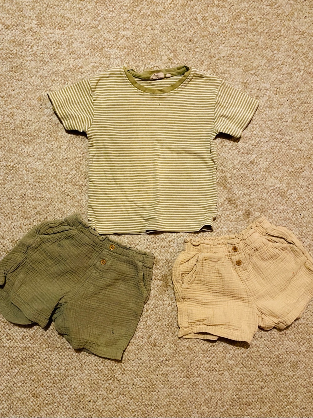 WHEAT size 4Striped Green Tee with H& MOlive and Tan gauze Short Set